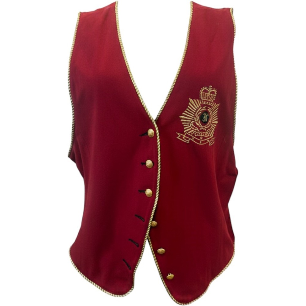 Vtg 90s Karen Kane Vest XL Red New Gold Crest Trim Military Academic Preppy